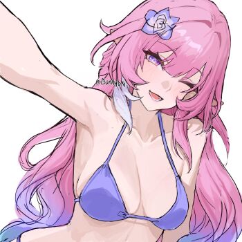 1girl armpits bikini breasts bunnyoki commentary cyrene_(demiurge)_(honkai:_star_rail) cyrene_(honkai:_star_rail) diamond-shaped_pupils diamond_(shape) english_commentary flower hair_flower hair_ornament highres honkai:_star_rail honkai_(series) large_breasts long_hair looking_at_viewer multicolored_hair one_eye_closed pink_hair pointy_ears pov purple_bikini purple_eyes purple_hair simple_background solo swimsuit symbol-shaped_pupils very_long_hair white_background white_hair