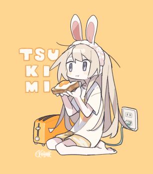 1girl aida_(aidia) animal_ears barefoot blonde_hair bread bread_slice cable closed_mouth commentary_request electric_plug eyes_visible_through_hair food fried_egg fried_egg_on_toast full_body grey_eyes hair_between_eyes highres long_hair original rabbit_ears shirt shorts simple_background sitting solo t-shirt toast toaster very_long_hair white_shirt yellow_background yellow_shorts