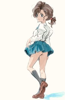 1girl black_socks blue_eyes blue_skirt breasts brown_hair brown_shoes butterchalk character_request closed_mouth commentary copyright_request english_commentary from_behind full_body gegege_no_kitarou gegege_no_kitarou_6 hair_ornament hairclip highres inuyama_mana loli long_sleeves miniskirt ponytail shirt shoe_soles shoes skirt small_breasts smile socks solo standing standing_on_one_leg trical_hair white_shirt