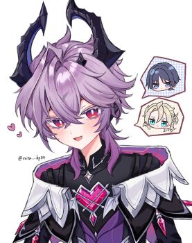 1boy :d albedo_(genshin_impact) blush dragon_horns genshin_impact heart horns looking_at_viewer mini_durin_(genshin_impact) mini_durin_(human)_(genshin_impact) open_mouth purple_hair ruta_hp04 scaramouche_(genshin_impact) smile wanderer_(genshin_impact) watermark white_background