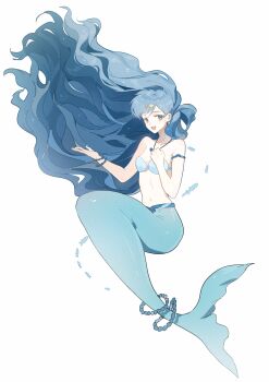 1girl absurdres bar_stool bare_arms bead_bracelet beads bikini blue_bikini blue_eyes blue_hair blue_tail bracelet clenched_hand commentary_request earrings fins fish fish_tail floating_hair full_body hair_ornament hand_on_own_chest happy highres houshou_hanon houshou_hanon_(mermaid) invisible_chair jewelry long_hair mermaid mermaid_melody_pichi_pichi_pitch monster_girl morgue_(southsakura) multiple_bracelets navel necklace open_mouth shell shell_bikini simple_background sitting smile solo star_(symbol) star_hair_ornament stomach stool swept_bangs swimsuit tail tail_ornament tail_ring very_long_hair wavy_hair white_background