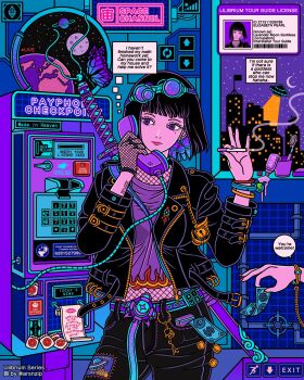 1girl absurdres arm_tattoo arsnzip artist_name belt black_hair blunt_bangs bob_cut bracelet bug butterfly candy cigarette city_lights cityscape coin cowboy_shot crescent_moon driving_license english_text fishnet_gloves fishnets food gloves goggles hand_up highres holding holding_cigarette holding_phone insect jacket jewelry key long_sleeves money moon nail_polish neon_palette night night_sky original pants payphone phone planet purple_eyes short_hair sky solo speech_bubble star_(sky) sword sword_on_back tattoo thought_bubble tile_wall tiles toothbrush toothpaste ufo weapon weapon_on_back wrist_tattoo