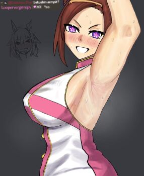 Rule 34 | 2girls, absurdres, animal ears, armpit focus, armpits, blush, breasts, brown hair, highres, horse ears, horse girl, large breasts, looking at viewer, multiple girls, purple eyes, sakura bakushin o (umamusume), sakura chiyono o (umamusume), shoesukey0, sideboob, steam, tears, umamusume