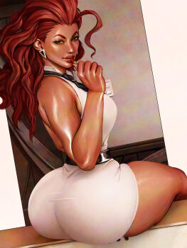 1girl applying_lipstick applying_makeup applying_own_makeup ass azuma_yasuo backless_outfit black_necktie cosmetics crimson_viper dark-skinned_female dark_skin eyelashes green_eyes hair_slicked_back highres holding holding_lipstick_tube huge_ass lipstick lipstick_tube looking_at_viewer looking_back makeup necktie red_hair sitting skirt sleeveless smile solo street_fighter street_fighter_6 thick_thighs thighs twisted_torso white_skirt