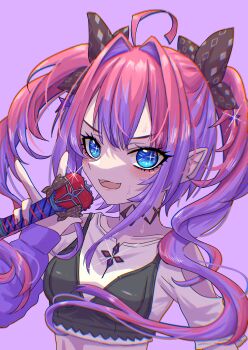 1girl absurdres ahoge akina_(user_ucnd3578) black_bow blue_eyes blush bow bra_over_clothes hair_bow highres holding holding_microphone hololive hololive_dev_is kikirara_vivi kikirara_vivi_(1st_costume) long_hair microphone multicolored_hair open_mouth pink_hair purple_hair shirt smile solo streaked_hair twintails virtual_youtuber white_shirt