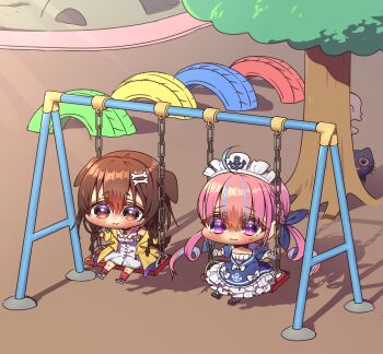 2girls :3 ahoge animal_collar animal_ears black_cat blue_bow blue_dress blue_hair bone_hair_ornament bow braid brown_eyes brown_hair cat chain chibi chibi_only closed_mouth collar commentary_request dog_ears dog_girl dog_tail dress frilled_dress frills full_body hair_between_eyes hair_bow hair_ornament harumina_mau hat highres hololive inugami_korone inugami_korone_(1st_costume) jacket listener_(inugami_korone) long_hair looking_at_viewer minato_aqua minato_aqua_(1st_costume) multicolored_hair multiple_girls neko_(minato_aqua) on_swing open_mouth outdoors outstretched_legs park pink_eyes pink_hair red_collar sailor_hat shadow sitting sleeveless smile staring swing swing_set tail tree twin_braids two-tone_hair unused_tire virtual_youtuber wrist_cuffs yellow_jacket