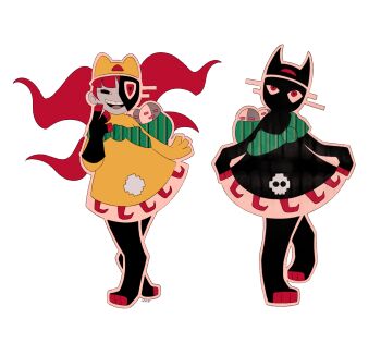 Rule 34 | 1girl, 2others, absurdres, animal hat, aztec glyphs, black eyes, black skin, blunt bangs, cat girl, cat hat, colored skin, dress, dual persona, ena: dream bbq, ena (series), grey skin, hat, highres, long hair, maecurial, monster girl, multicolored skin, multiple others, official style, open mouth, red eyes, red hair, smile, split-color skin, taski maiden (ena), taski maiden companion, two-tone skin, whiskers, yellow dress, yellow hat