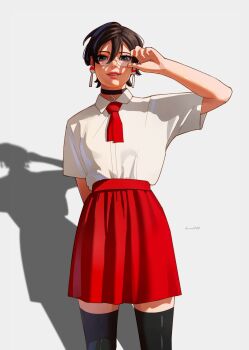1girl adjusting_eyewear arm_behind_back back black_choker black_eyes black_hair boruto:_two_blue_vortex choker commentary cowboy_shot drawink earrings glasses high-waist_skirt highres jewelry miniskirt naruto_(series) necktie parted_lips red_necktie red_skirt shadow shirt short_hair short_necktie signature skirt smile solo thighhighs uchiha_sarada uchiha_symbol white_shirt zettai_ryouiki