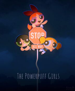 3girls absurdres artist_name black_hair blonde_hair blossom_(ppg) blue_dress blue_eyes blunt_bangs blunt_ends bow bubbles_(ppg) buttercup_(ppg) child cloud cloudy_sky copyright_name dress floating full_body green_dress green_eyes grin hair_bow half-closed_eyes highres long_hair mary_janes multiple_girls noah_(rokoroko) open_mouth orange_hair pantyhose parted_bangs pink_dress pink_eyes powerpuff_girls red_bow road_sign shoes short_hair siblings sign sisters sky smile stop_sign storm_cloud teeth twintails twitter_username watermark white_pantyhose