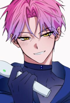 Rule 34 | 1boy, alien stage, black shirt, commentary, genderswap, genderswap (ftm), gradient hair, highres, holding, holding microphone, lubya, male focus, microphone, mizi (alien stage), multicolored hair, pink hair, portrait, purple hair, shirt, short hair, simple background, smile, solo, two-tone hair, very short hair, white background, yellow eyes