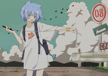 1girl backpack bag bird cat_tail cellphone charm_(object) cloud commentary cumulonimbus_cloud earbuds earphones flock hair_ears holding holding_phone looking_at_viewer open_mouth original outdoors oversized_clothes oversized_shirt phone pinponpo print_shirt purple_hair road_sign shirt sign smartphone solo symbol-only_commentary tail white_shirt wristband