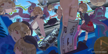 1girl absurdres alternate_costume bag bare_shoulders barefoot beret black_boots black_bow black_hat black_neckerchief blonde_hair blood blood_on_leg blue_jacket boots bow chibi commentary_request cowlick detached_sleeves evidence_markers full_body gauze gauze_on_leg green_shirt hat head_on_knees head_only highres holding holding_ticket jacket knees_up map multiple_views neckerchief open_mouth purple_eyes red_skirt shirt short_hair sitting skirt squid subway_map suction_cups tentacle_girl tentacle_tail tentacles ticket tu_pao_diao_yu_shao unworn_hat unworn_headwear white_sleeves yidhari_murphy zenless_zone_zero