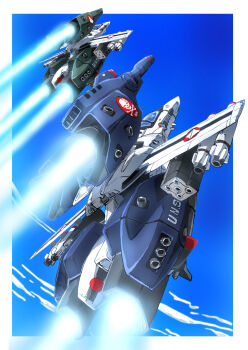 blue_sky choujikuu_yousai_macross cloud commentary_request flying gradient_background gunpod highres macross macross:_do_you_remember_love? missile missile_pod nuclear_weapon roundel science_fiction sky taiga_hiroyuki thrusters u.n._spacy variable_fighter vf-1 vf-1_strike vf-1_super
