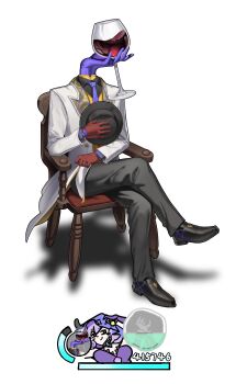 absurdres asat_pramad black_hat black_pants black_shirt black_shoes black_swan_(honkai:_star_rail) collared_shirt crossed_legs cup dress_shoes fedora full_body gloves hat highres holding holding_cup holding_unworn_clothes holding_unworn_hat honkai:_star_rail honkai_(series) jacket long_sleeves missing_commentary necktie object_head pants purple_necktie red_gloves shirt shoes simple_background sitting unworn_hat unworn_headwear user_interface wan_jiu_zi white_background white_jacket