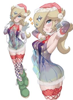 1girl armpits arms_behind_head ass babydoll blonde_hair blue_eyes breasts christmas covered_navel cropped_legs dress elbow_gloves fishnet_thighhighs fishnets full_body gloves green_shoes hat highres lips looking_at_viewer mario_(series) navel nintendo red_thighhighs revealing_clothes rosalina sack santa_hat see-through_babydoll see-through_clothes see-through_dress shoes sideboob slingshot_swimsuit smile solo super_mario_galaxy swimsuit thighhighs toggy_keiichi