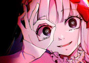 1girl aoooi1031 bare_shoulders black_bow black_eyes bow collar colored_inner_hair commentary_request detached_sleeves dress fate/strange_fake fate_(series) francesca_prelati_(fate) frilled_collar frills grey_hair hair_bow long_hair looking_at_viewer multicolored_hair open_mouth parted_bangs ringed_eyes smile solo white_dress white_hair