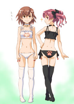 10s 2016 2girls ass back bare_arms bare_shoulders bell black_bra black_legwear black_panties black_ribbon blush bra breasts brown_eyes brown_hair cat_cutout cat_ear_panties cat_lingerie choker cleavage_cutout clenched_hands clenched_teeth clothing_cutout collarbone dimples_of_venus female_focus bad_tag from_behind full_body gluteal_fold gradient_background grin hair_ornament hair_ribbon hand_on_own_hip jingle_bell legs lingerie loli long_hair looking_at_viewer looking_back looking_to_the_side matching_hair/eyes matching_outfits midriff misaka_mikoto multiple_girls navel neck_bell no_shoes panties paw_print pink_hair print_panties profile purple_eyes raika9 revealing_clothes ribbon shirai_kuroko short_hair side-tie_panties small_breasts smile sparkle standing teeth thigh_gap thighhighs thighs toaru_majutsu_no_index twintails underwear underwear_only white_bra white_legwear white_panties
