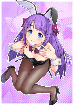 1girl animal_ears bare_shoulders black_pantyhose black_shoes blue_eyes blush bow bowtie breasts cleavage detached_collar fake_animal_ears hair_ornament hair_ribbon high_heels highres kaguya_madoka kazuma_muramasa leotard long_hair looking_at_viewer pantyhose playboy_bunny precure purple_background purple_hair rabbit_ears ribbon shoes smile solo star_twinkle_precure strapless strapless_leotard wrist_cuffs