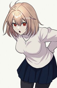 1girl arcueid_brunestud black_pantyhose blonde_hair blue_skirt breasts large_breasts looking_at_viewer nanase_hr open_mouth pantyhose pleated_skirt red_eyes shirt short_hair skirt solo tsukihime tsukihime_(remake) twitter_username white_shirt