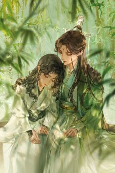 2boys artist_name bamboo bamboo_forest belt bindi black_hair blurry blurry_foreground bracer butchinelle child chinese_clothes chinese_hairpin closed_mouth commentary dappled_sunlight english_commentary expressionless facial_mark forehead_mark forest green_hanfu green_theme hair_bun hanfu highres leaning_on_person long_hair long_sleeves looking_at_another luo_binghe male_focus multiple_boys nature official_art outdoors parted_bangs renzha_fanpai_zijiu_xitong ribbon ribboned_xiao_guan shen_qingqiu sitting sleeping sleeping_on_person sleeping_upright smile sunlight tassel wavy_hair white_hanfu wide_sleeves xiao_guan_(headdress)