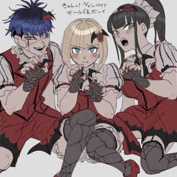 Rule 34 | 1boy, 2girls, black hair, blonde hair, blue eyes, blue hair, blush, claw pose, commentary request, dress, earrings, eye print, eyepatch, face piercing, fingerless gloves, fishnet gloves, fishnet thighhighs, fishnets, gem, gloves, grey background, grey eyes, grin, hair ornament, hairband, hands up, highres, invisible floor, jewelry, labret piercing, long hair, looking at viewer, magadori kyoshika, mihen, multicolored hair, multiple girls, omokage yugamu, oosuzuki kurara, open mouth, piercing, ponytail, print eyepatch, red dress, red gemstone, red nails, red shorts, red vest, roots (hair), short hair, shorts, sitting, smile, the hundred line -last defense academy-, thighhighs, undercut, vest, white hairband