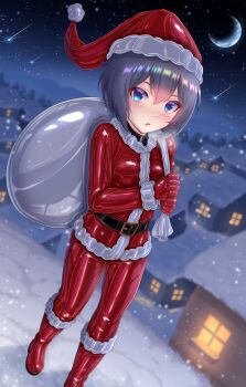 1boy black_hair blue_eyes bodysuit christmas falling_star full_body hat highres holding holding_sack latex latex_bodysuit looking_at_viewer night original red_bodysuit riretsuto sack sack_behind_back santa_costume santa_hat shiny_clothes snowing solo star_(sky) trap variant_set