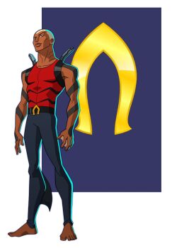 1boy aqualad arm_tattoo barefoot belt blonde_hair bodysuit closed_mouth dark-skinned_male dark_skin dc_comics gills highres jerome-k-moore looking_at_viewer resolution_mismatch source_larger superhero_costume tattoo webbed_hands young_justice
