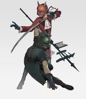 1boy 1girl absurdres black_cat cat cat_mask coat fox_mask highres holding holding_sword holding_weapon improvised_weapon lies_of_p mask non-web_source red_fox sword weapon white_background