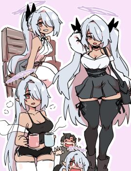 1boy bag belt black_ribbon black_skirt black_tank_top black_thighhighs blue_archive blush breasts cleavage cup dark_skin detached_sleeves dolphin_shorts hair_over_one_eye hair_ribbon halo halterneck heart highres holding holding_cup iori_(blue_archive) large_breasts long_hair long_sidelocks mabufuyo multiple_views open_mouth ponytail purple_halo red_eyes ribbon satchel sensei_(blue_archive) shorts sidelocks skirt smile steaming_body steaming_cup tank_top thighhighs twintails v-neck white_thighhighs