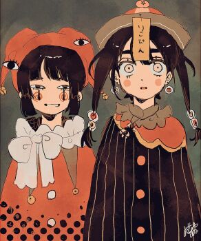 2girls blush hat jester jester_cap jiangshi jiangshi_costume looking_at_viewer multiple_girls ofuda qingdai_guanmao smug spiral_cheeks surprised talisman wasabi_natsume wide-eyed