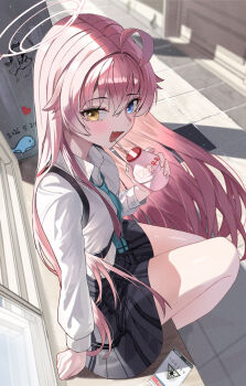1girl absurdres abydos_high_school_logo ahoge blue_archive blue_necktie bottle commentary_request fang halo heterochromia highres holding holding_bottle hoshino_(blue_archive) huge_ahoge id_card kirei0518 long_hair looking_at_viewer necktie pink_hair pink_halo plaid_clothes plaid_skirt school_uniform skin_fang skirt smile solo