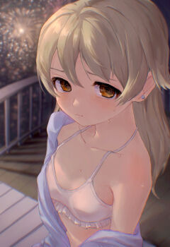 1girl @_@ aerial_fireworks bare_shoulders blonde_hair blue_shirt blurry blurry_background blush bra breasts brown_eyes closed_mouth collarbone commentary_request double-parted_bangs earrings fireworks highres idolmaster idolmaster_cinderella_girls jewelry long_hair looking_at_viewer morikubo_nono okubatomaeba shirt shirt_partially_removed small_breasts smile solo stud_earrings sweat underwear upper_body white_bra