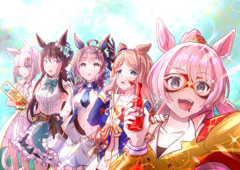 5girls absurdres ahoge animal_ears aqua_bow armband bang_dream! bang_dream!_it&#039;s_mygo!!!!! black_gloves blue_eyes blue_jacket blue_necktie blunt_bangs blush bottle bow bowtie breasts brown_eyes brown_hair center_frills chihaya_anon coat collarbone color_connection cosplay daring_tact_(umamusume) daring_tact_(umamusume)_(cosplay) domino_mask dress ear_bow ear_ornament ear_ribbon ear_scrunchie el_condor_pasa_(el_numero_1)_(umamusume) el_condor_pasa_(umamusume) el_condor_pasa_(umamusume)_(cosplay) eye_mask flower food frills gloves grass_wonder_(stone-piercing_blue)_(umamusume) grass_wonder_(umamusume) grass_wonder_(umamusume)_(cosplay) green_bow green_bowtie green_skirt grey_eyes grey_hair hair_between_eyes hair_color_connection hair_flower hair_ornament hairclip hairstyle_connection hand_on_own_cheek hand_on_own_face happy_meek_(umamusume) happy_meek_(umamusume)_(cosplay) harai0608 heterochromia highres holding holding_bottle horse_ears horse_girl hot_sauce jacket kaname_raana kemonomimi_mode long_hair long_sleeves mask medium_breasts medium_hair mejiro_dober_(twisted_line)_(umamusume) mejiro_dober_(umamusume) mejiro_dober_(umamusume)_(cosplay) mole mole_under_eye multiple_girls mygo!!!!!_(bang_dream!) nagasaki_soyo necktie open_mouth parfait parted_lips pink_hair ponytail purple_eyes red_armband red_coat red_jacket sailor_collar shiina_taki shirt short_hair short_sleeves skirt sleeveless sleeveless_shirt smile stain stained_clothes star_(symbol) star_hair_ornament takamatsu_tomori teeth umamusume voice_actor_connection white_bow white_dress white_gloves white_hair white_jacket white_sailor_collar white_shirt white_skirt yellow_eyes yellow_shirt youmiya_hina