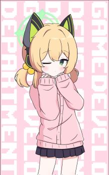1girl animal_ear_headphones animal_ears aqua_halo black_skirt blonde_hair blue_archive cardigan cat_ear_headphones cat_ears commentary cowboy_shot fake_animal_ears green_eyes halo headphones highres iisa111111 long_sleeves looking_at_viewer midori_(blue_archive) miniskirt one_eye_closed parody pink_background pink_cardigan pleated_skirt school_uniform short_hair simple_background skirt solo text_background zako_(vocaloid)