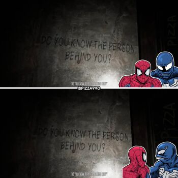 2boys absurdres animal_print artist_name derivative_work do_you_know_the_person_behind_you?_(meme) english_text game_screenshot_background game_screenshot_inset highres marvel mask meme multiple_boys pizza990 screenshot_background screenshot_inset screenshot_redraw sharp_teeth spider-man spider-man_(series) spider_print spider_web_print superhero_costume symbiote teeth the_lost_fear turning_head venom_(marvel)