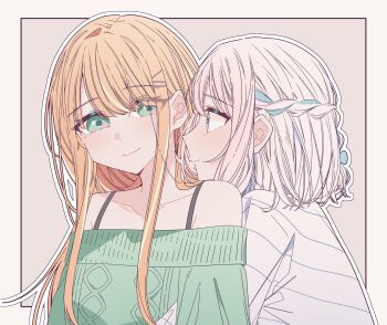 2girls blue_ribbon border braid closed_mouth commentary_request gakuen_idolmaster green_eyes green_sweater hair_ribbon half_up_braid highres hug idolmaster katsuragi_lilja kousaka_0v0 long_hair mole mole_under_eye multiple_girls off-shoulder_sweater off_shoulder orange_hair outline pink_background purple_eyes ribbon ribbon_braid shirt shiun_sumika short_hair simple_background smile sweater white_border white_hair white_outline white_shirt yuri