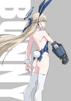 1girl animal_ears ass back bare_shoulders blonde_hair blue_archive blue_bow blue_eyes blue_hair blue_hairband blue_leotard blue_nails bow braid closed_mouth collar commentary_request detached_collar english_text fake_animal_ears grey_background hair_bow hairband halo headset highres kneepits leotard long_hair multicolored_hair nail_polish playboy_bunny power_fist profile rabbit_ears rabbit_tail simple_background solo standing strapless strapless_leotard streaked_hair tail text_background thighhighs toki_(blue_archive) toki_(bunny)_(blue_archive) very_long_hair vividnatadecoco white_collar white_thighhighs wrist_cuffs