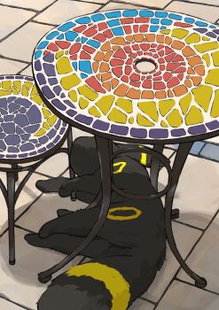 animal_focus aomon_(yuuji7604) black_fur commentary_request day gen_2_pokemon highres lying mosaic_pattern nintendo no_humans outdoors parted_lips pokemon pokemon_(creature) stool table tail umbreon
