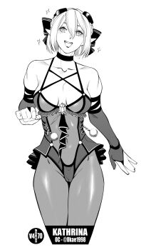 1girl bow breasts burustandin cameltoe choker cleavage commentary cowboy_shot elbow_gloves gloves goggles goggles_on_head greyscale hair_bow highres leotard medium_breasts monochrome original pantyhose partially_fingerless_gloves pointy_ears short_hair solo symbol-only_commentary