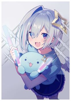 1girl :3 :d amane_kanata angel angel_wings animal axolotl blue_eyes blue_hair blue_shirt blue_skirt bob_cut border close-up colored_inner_hair commentary feathered_wings frilled_skirt frills glowstick gradient_eyes grey_background grey_hair hair_over_one_eye halo highres holding holding_animal holding_glowstick hololive knees_out_of_frame looking_at_viewer mini_wings multicolored_eyes multicolored_hair open_mouth pink_hair pleated_skirt portrait pp_tenshi_t-shirt purple_eyes shirt short_hair single_hair_intake skirt smile solo sparkle sparkling_eyes star_halo streaked_hair untranslatable_commentary two-tone_shirt uehara_(dormmmmir_) upao_(amane_kanata) v-shaped_eyebrows virtual_youtuber white_border wings