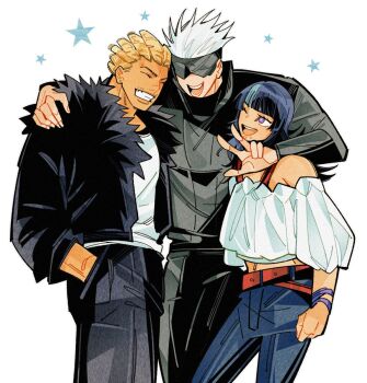 1girl 2boys 308albi androgynous black_jacket blonde_hair broad_shoulders commentary cornrows cowboy_shot crop_top denim english_commentary eyelashes face_piercing fur-trimmed_jacket fur_trim gojou_satoru grin hakari_kinji highres hoshi_kirara jacket jeans jujutsu_kaisen lip_piercing male_focus medium_hair multiple_boys off-shoulder_shirt off_shoulder pants piercing purple_eyes shirt short_hair simple_background smile star_(symbol) tan teacher_and_student teeth v white_background white_hair