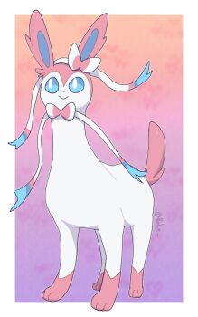 animal_focus blue_eyes boke-chan bow bright_pupils closed_mouth gen_6_pokemon nintendo no_humans pokemon pokemon_(creature) ribbon smile solo standing sylveon twitter_username what white_pupils