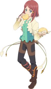 Rule 34 | 1girl, aqua shirt, artist request, belt, black pants, blue eyes, boots, breasts, brown belt, brown boots, cropped jacket, eating, food, full body, game cg, hair ornament, highres, holding, holding food, jacket, looking at viewer, official alternate costume, official art, pants, red hair, rose (sparrowfeathers outfit) (tales), rose (tales), shirt, short hair, smile, solo, standing, tales of (series), tales of asteria, tales of zestiria, third-party source, transparent background, white jacket