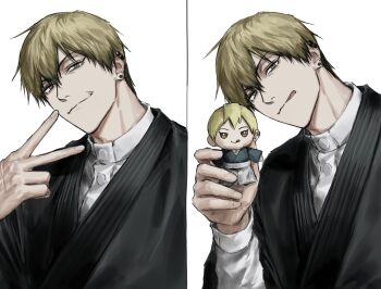 1boy :q blonde_hair character_doll closed_mouth colored_tips doll ear_piercing earrings highres holding holding_doll japanese_clothes jewelry jujutsu_kaisen light_smile looking_at_viewer male_focus multicolored_hair multiple_views piercing simple_background sso_s tongue tongue_out two-tone_hair v white_background zen'in_naoya