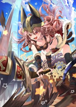 Rule 34 | 1girl, :d, absurdres, animal ear helmet, animal ears, animal helmet, armor, axe, battle axe, bike shorts, bike shorts under skirt, bikini armor, black shorts, black thighhighs, blue sky, bone hair ornament, boots, bracer, braid, breasts, brown boots, brown eyes, brown hair, cartoon bone, cleavage, cloud, commentary request, day, dog ears, dog girl, dog tail, double-parted bangs, extra ears, floating hair, fur-trimmed boots, fur-trimmed bracer, fur skirt, fur trim, hair between eyes, hair ornament, highres, holding, holding axe, hololive, inugami korone, inugami korone (viking), jewelry, knee boots, leather armor, listener (inugami korone), long hair, medium breasts, messy hair, miniskirt, mucchiri shiitake, necklace, official alternate costume, official alternate hairstyle, official art, open mouth, outdoors, pauldrons, red skirt, shorts, shoulder armor, side braid, single pauldron, skirt, sky, smile, solo, tail, thighhighs, virtual youtuber, weapon