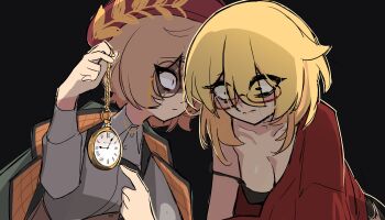 2girls absurdres beret biting_own_lip black_background black_bra blonde_hair bra breasts brown_hair centurii-chan centurii-chan_(character) clio_aite coat coat_on_shoulders collarbone commentary constricted_pupils english_commentary eyes_visible_through_hair glasses grey_shirt hair_between_eyes hat highres holding holding_pocket_watch long_sleeves medium_breasts multiple_girls original phase_connect pocket_watch pointing red-framed_eyewear red_hat red_shirt semi-rimless_eyewear shirt short_hair simple_background strap_slip under-rim_eyewear underwear watch