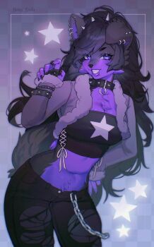 1girl animal_ear_piercing animal_ears animal_nose artist_name bad_tag barbell_piercing black_hair black_hairband black_nails black_pants black_skin black_tube_top blurry border bracelet breasts checkered_background choker colored_skin commentary cowboy_shot cropped_jacket curled_fingers denim depth_of_field ear_piercing eyelashes face_piercing fang film_grain fur-trimmed_jacket fur_trim furry furry_female glowing gradient_background gradient_border grey_jacket hairband hand_on_own_hip hand_up helmet highres industrial_piercing jacket jeans jewelry lace-up_top long_hair looking_at_viewer medium_breasts messy_hair midriff mouth_piercing multicolored_skin multiple_bracelets nail_polish navel noisykoala o-ring_collar original outside_border pants pawpads piercing purple_eyes purple_skin short_eyebrows single_ear_down skindentation smile spiked_bracelet spiked_choker spiked_hairband spikes star_(symbol) star_print strapless studded_bracelet swept_bangs symbol-only_commentary tail teeth thick_eyebrows thick_lips tight_jacket torn_clothes torn_pants tube_top two-tone_skin v very_long_hair wallet_chain wolf_ears wolf_girl wolf_tail