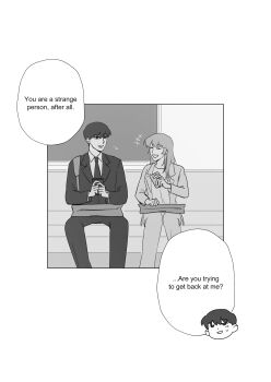 1boy 1girl absurdres bag collared_shirt dokjasepilogue english_text greyscale highres holding holding_phone jacket kim_dokja long_hair long_sidelocks looking_at_another monochrome necktie notice_lines omniscient_reader&#039;s_viewpoint phone shirt short_hair shoulder_bag sidelocks sitting speech_bubble yoo_sangah