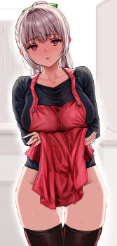 1girl absurdres apron apron_lift arms_under_breasts black_shirt black_thighhighs blush bottomless breasts brown_hair clothes_lift collarbone cowboy_shot gibagiba highres jewelry large_breasts long_hair looking_at_viewer mole mole_under_mouth ochame_na_okusan_to_no_nichijou_chabangoto parted_lips pink_eyes ponytail ring sayama_saho_(gibagiba) shirt solo standing sweat textless_version thighhighs