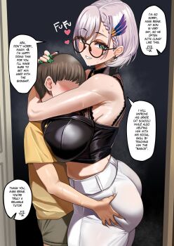 1boy 1girl age_difference ass blush braid braided_bangs breast_press breasts cropped_shirt english_text faceless faceless_male feather_hair_ornament feathers glasses grabbing_another's_ass green_eyes green_nails groping hair_behind_ear hair_ornament heart heart-shaped_pupils hetero highres hololive hololive_indonesia hug large_breasts looking_at_viewer midriff neige_(pixiv6850453) official_alternate_costume official_alternate_hair_length official_alternate_hairstyle onee-shota open_door pants parted_lips pavolia_reine pavolia_reine_(indonesian_casual) round_eyewear shiny_skin short_hair shota solo_focus standing sweat symbol-shaped_pupils virtual_youtuber white_hair white_pants